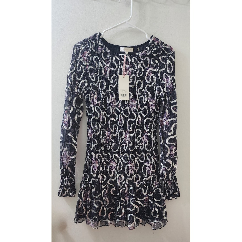 LoveShackFancy Scarlett Mini Dress Navy Cosmos Silk Metallic Smocked LD251-384 S